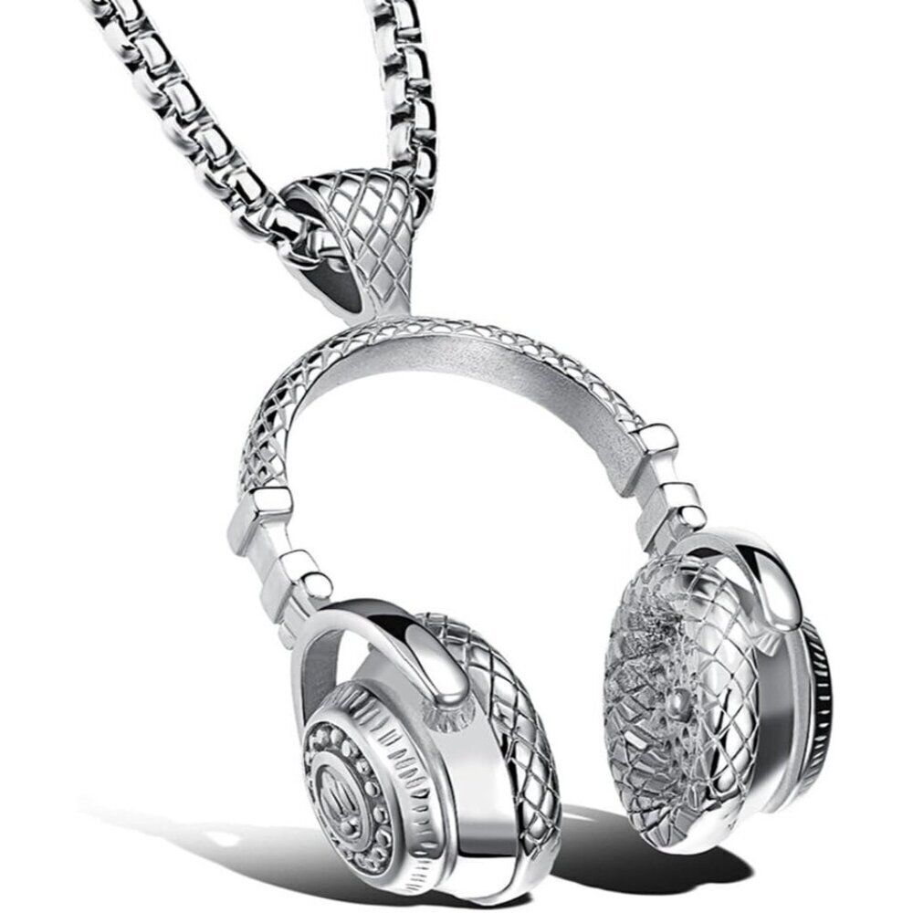New Silver Stainless Steel Headphone Pendant Necklace for Men | DJ Music Gift